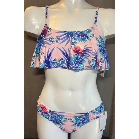 Roxy NWT Pink Hawaiian Flower 2 Piece New Bikini Swimsuit Flutter Top Small - Picture 7 of 16